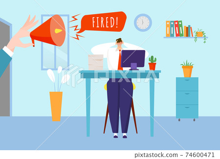 Employee job reduction concept, depressed worker, stressful office work, manager fired, design cartoon style vector illustration. 74600471