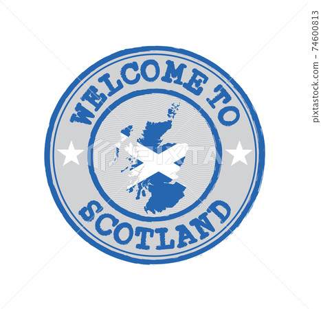 Vector stamp of welcome to Scotland with map outline of the nation in center. 74600813