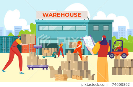 Warehouse inscription on building, logistics for distribution and delivery goods, design cartoon style vector illustration. Warehouse inscription on building, logistics for distribution and delivery goods, design cartoon style vector illustration. 74600862