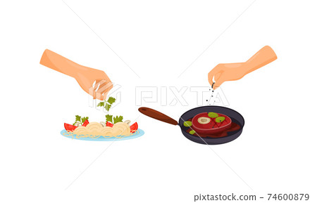 Hands Preparing Food Garnishing Pasta Dish with Parsley and Peppering Steak Vector Set Hands Preparing Food Garnishing Pasta Dish with Parsley and Peppering Steak Vector Set 74600879