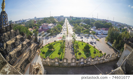 Scenery of the town taken from above the Arc de Triomphe in Vientiane, Laos Southwest side fisheye lens 74601077