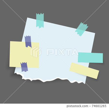 Paper notes stickers. Place for memo messages on paper sheets. Attached with sticky colorful tape on grey background isolated realistic vector illustration 74601265