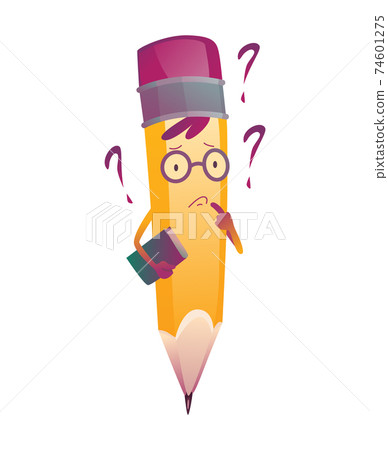 Pencil cartoon. Cute humanized pencil character with arms and face emoji illustration with book Pencil cartoon. Cute humanized pencil character with arms and face emoji illustration with book 74601275
