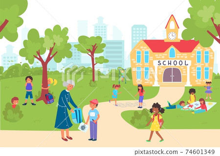 hildren go back to school, happy childhood, primary grade, joyful schoolchildren, design cartoon style vector illustration. hildren go back to school, happy childhood, primary grade, joyful schoolchildren, design cartoon style vector illustration. 74601349