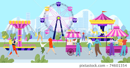 Happy people in amusement park, colorful... - Stock Illustration ...