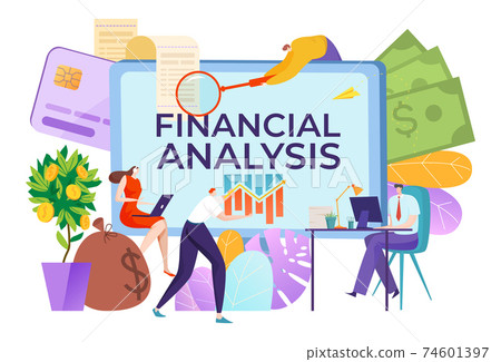 Financial consultant service, title on computer screen financial analysis, business management, cartoon style vector illustration. Financial consultant service, title on computer screen financial analysis, business management, cartoon style vector illustration. 74601397