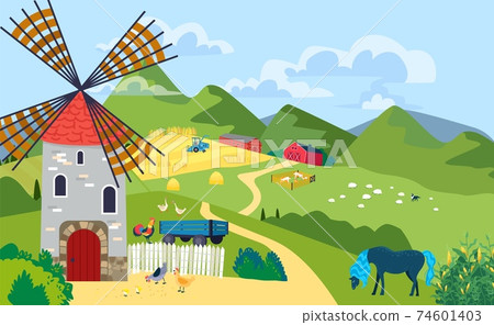 Farm with mill landscape in mountain area, ranche outdoors, village house on hill, design cartoon style vector illustration. Farm with mill landscape in mountain area, ranche outdoors, village house on hill, design cartoon style vector illustration. 74601403