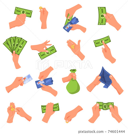 Hand holding money vector illustration set, cartoon flat human hands collection with cash money 74601444