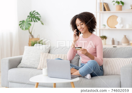 Shopping at home, delivery service and satisfied customer 74602059