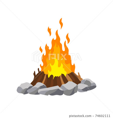 Fireplace campfire. Burning fire travel and adventure symbol. Vector bonfire or woodfire in cartoon flat style. A tourist bonfire in the stone border 74602111