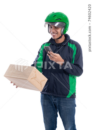 male delivery courier scanning barcode male delivery courier scanning barcode 74602420