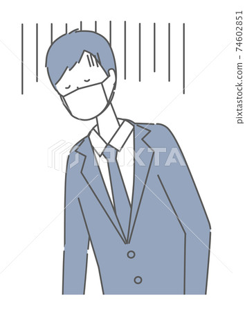 A man in a suit wearing a mask who is not feeling well A man in a suit wearing a mask who is not feeling well 74602851