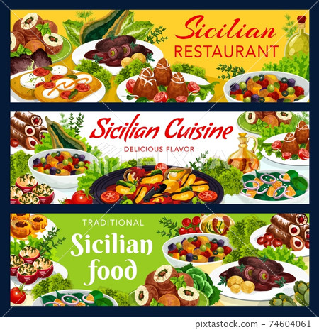 Sicilian food vector gourmet dishes banners set Sicilian food vector gourmet dishes banners set 74604061