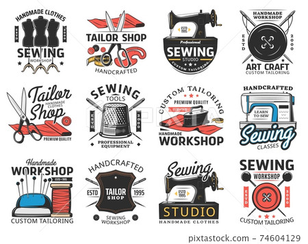 Tailor shop, sewing studio and workshop icons 74604129