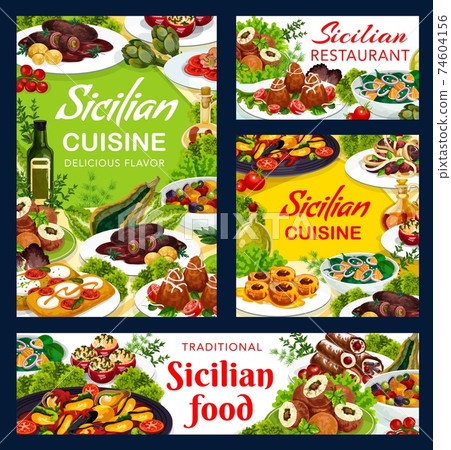 Sicilian cuisine dishes Sicilia food posters set 74604156