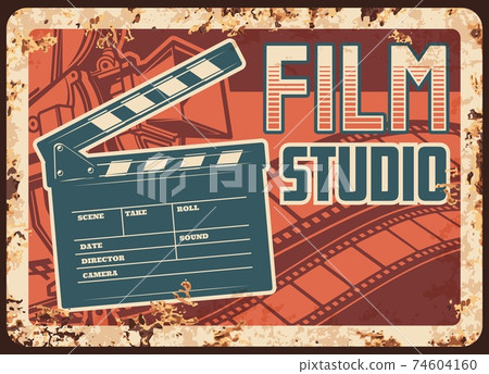 Film studio rusty metal plate with clapperboard 74604160