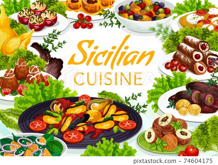 Sicilian food vector Sicilia meals cartoon poster Sicilian food vector Sicilia meals cartoon poster 74604175