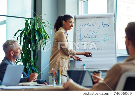 Startup team having a meeting. Young cheerful mixed race woman giving a presentation, discussing business strategy with colleagues while working together in the office Startup team having a meeting. Young cheerful mixed race woman giving a presentation, discussing business strategy with colleagues while working together in the office 74606069