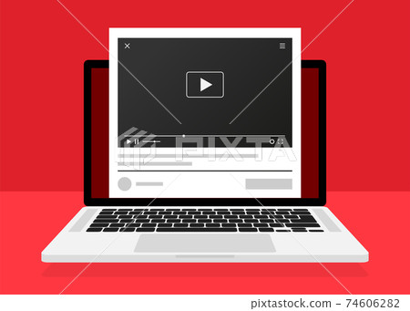 Laptop play in 3d style. Social media concept. Laptop flat vector icon illustration. Distance learning. Web design. Play button icon vector illustration. Internet conference. 74606282