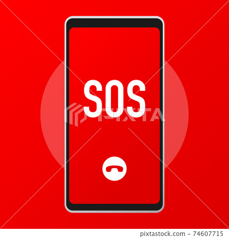 SOS lettering in a phone icon isolated on white background. Warning bell, help sign. Flat design. Vector Illustration. 74607715