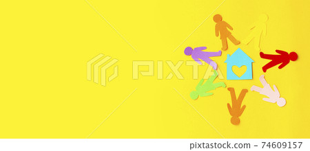 Diversity, inclusion, adoption concept. Colorful paper cut figure on yellow background. Banner 74609157