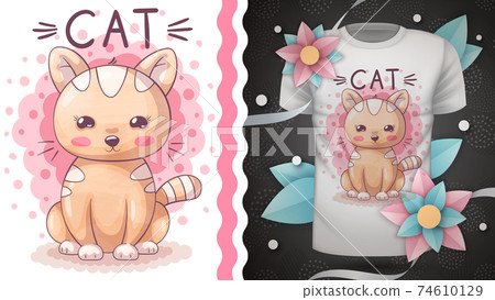 Funny watercolor kitty - idea for print t-shirt Funny watercolor kitty - idea for print t-shirt 74610129