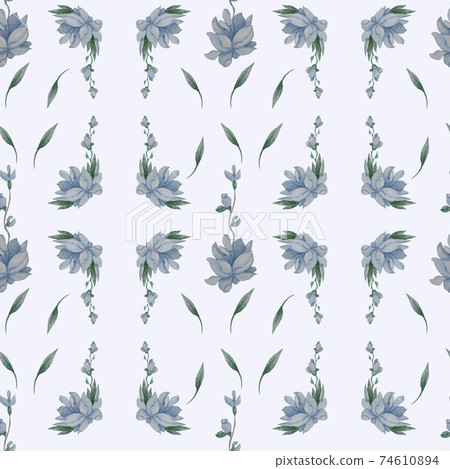 Seamless patterns. Blue flowers, buds and leaves on a white background. Watercolor. Geometric Floral Patterns, Vignettes For festive designs, decor, packaging, textiles and wallpaper  74610894