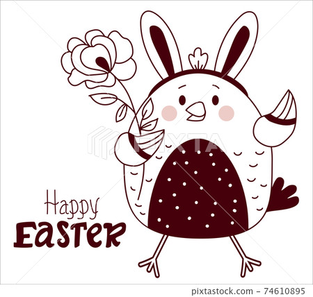Happy Easter decorative card. Easter chicken with bunny ears on its head and a rose flower. Vector sketch, line. For design, decor, print, holiday cards and banners Happy Easter decorative card. Easter chicken with bunny ears on its head and a rose flower. Vector sketch, line. For design, decor, print, holiday cards and banners 74610895