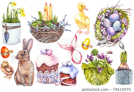 Easter set and template clip art with Easter eggs, flowers, animals, easter cake, birds nest on white background. Watercolor illustrations. 74610978