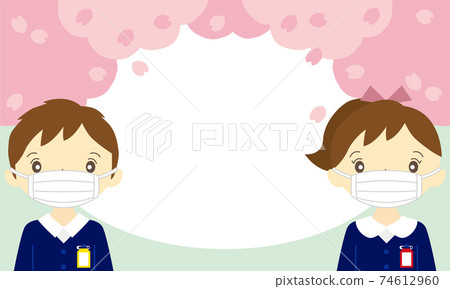 Boys and girls with cherry blossoms and masks Boys and girls with cherry blossoms and masks 74612960
