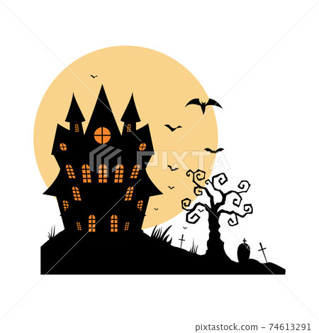 Cartoon Haunted old house on the moon background Cartoon Haunted old house on the moon background 74613291