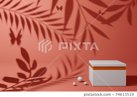 Empty display product presentation with shadow leaves, Empty showcase, 3d rendering. 74613519