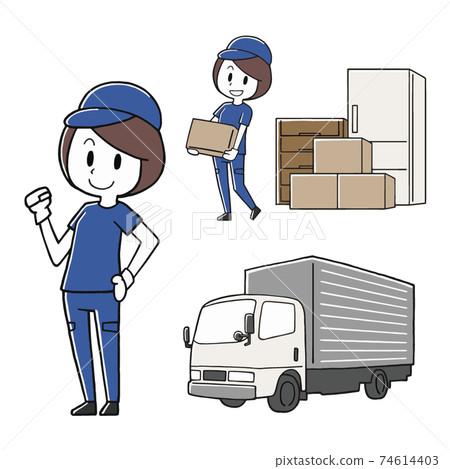 Illustration material set of female staff and trucks doing moving work 74614403