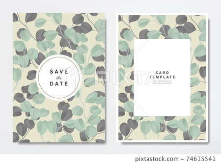 Greenery wedding invitation card template design, green and black Silver Dollar Eucalyptus leaves 74615541