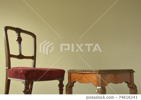 Mahogany tables and chairs. Layout of British antique furniture (copy space, soft focus) 74616241