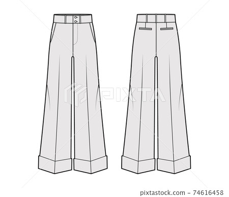 Pants oxford tailored technical fashion illustration with low waist, rise, full length, slant slashed jetted pockets Pants oxford tailored technical fashion illustration with low waist, rise, full length, slant slashed jetted pockets 74616458