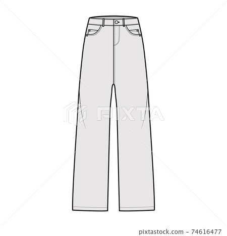 Baggy Jeans Denim pants technical fashion illustration with full length, low waist, rise, 5 pockets, Rivets, belt loops Baggy Jeans Denim pants technical fashion illustration with full length, low waist, rise, 5 pockets, Rivets, belt loops 74616477