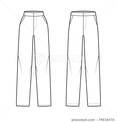 Set of Pants straight technical fashion illustration with flat front, low normal waist, high rise, full length, pockets Set of Pants straight technical fashion illustration with flat front, low normal waist, high rise, full length, pockets 74616478