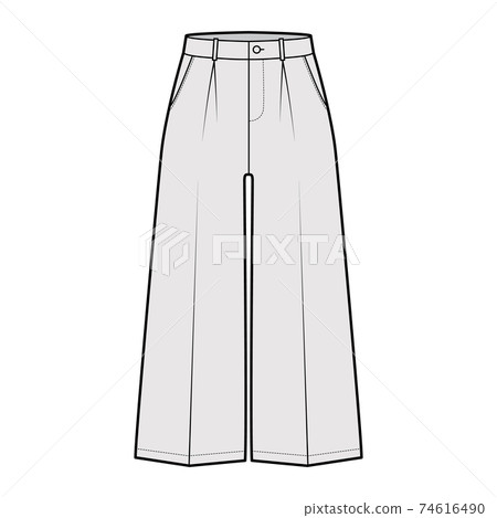 Pants capri technical fashion illustration with low waist, rise, single pleat, mid-calf length, wide legs, seam pockets Pants capri technical fashion illustration with low waist, rise, single pleat, mid-calf length, wide legs, seam pockets 74616490
