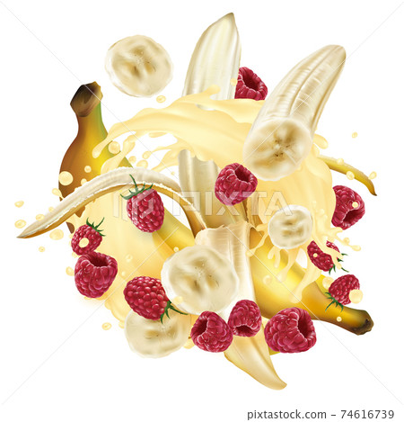Bananas and raspberries and a splash of milkshake or yogurt. Bananas and raspberries and a splash of milkshake or yogurt. 74616739