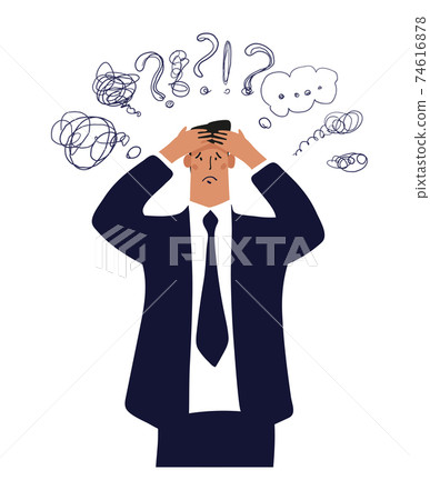 A businessman holds his head, an office worker with a headache, a man in stress from work and problems. Professional burnout. Flat vector illustration isolated on white background. A businessman holds his head, an office worker with a headache, a man in stress from work and problems. Professional burnout. Flat vector illustration isolated on white background. 74616878