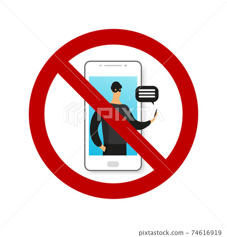Online phone scam. Prohibition sign. Male character commits a crime, illegal action using the phone. Social Engineering. Modern vector illustration isolated on white background Online phone scam. Prohibition sign. Male character commits a crime, illegal action using the phone. Social Engineering. Modern vector illustration isolated on white background 74616919