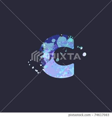 Bold letter C with effect of liquid spots of paint in blue, white, purple colors on dark navy background. Decoration element for winter design of a flyer, poster, calendar, cover, title. Vector EPS10 74617083