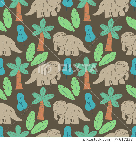 Cute dinosaurs and tropic plants. Funny cartoon dino seamless pattern. Hand drawn vector doodle design for kids. Hand drawn children's pattern for fashion clothes, shirt, fabric Cute dinosaurs and tropic plants. Funny cartoon dino seamless pattern. Hand drawn vector doodle design for kids. Hand drawn children's pattern for fashion clothes, shirt, fabric 74617238