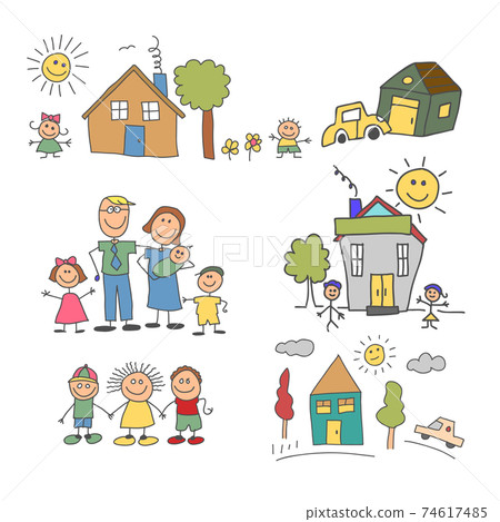 set of element happy family doodle colorful. Family life and household set 74617485