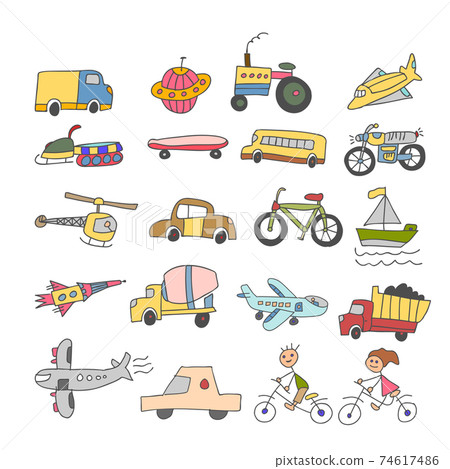 set of element doodle transport colorful kid. Hand drawn Sketch doodle vector line color icons collection of Transport element icon set on white background 74617486