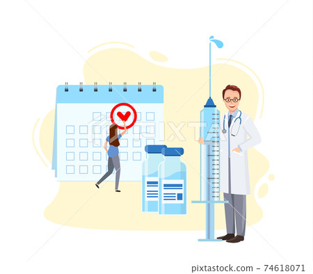 Vaccination calendar. Concept universal vaccination. Doctor holding large syringe. 74618071
