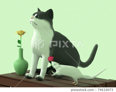 Mouse decorating flowers and playing with cats Mouse decorating flowers and playing with cats 74618073