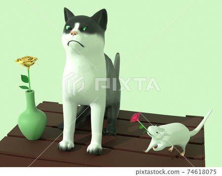 Mouse decorating flowers and playing with cats Mouse decorating flowers and playing with cats 74618075