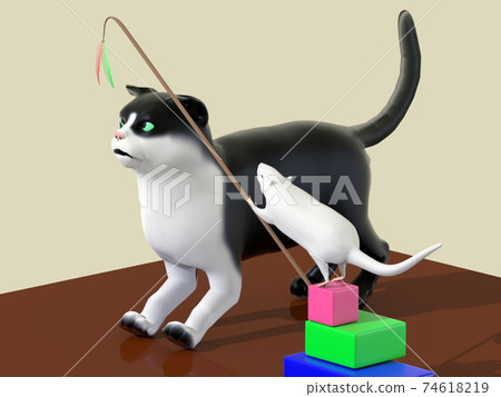 Mouse playing with a cat with a toy 74618219
